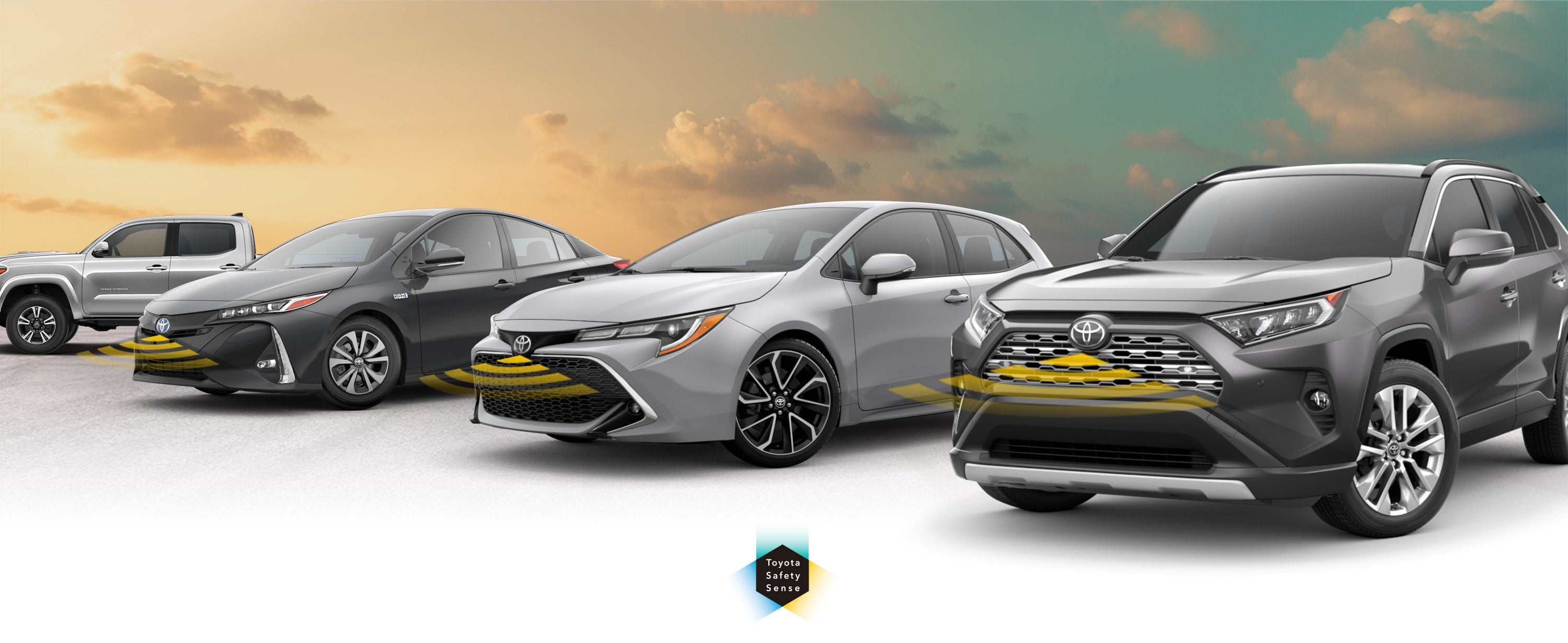 Toyota Safety Sense: Designed for Safety. Options shown on Toyota models including RAV4, Tacoma, and Camry, available now at Advantage Toyota Valley Stream in Valley Stream NY.